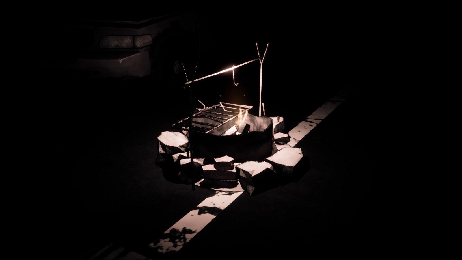 A campfire burning in a dark, ruined street